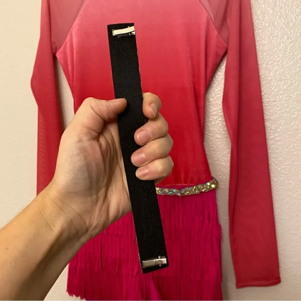 WEISSMAN Dance Costume hot pink fringe velvet mesh sleeve All The Ways 13290 SA